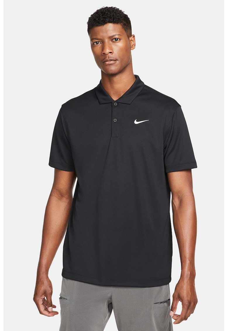 Tricou polo cu tehnologie Dri-Fit si imprimeu logo pentru tenis - Negru