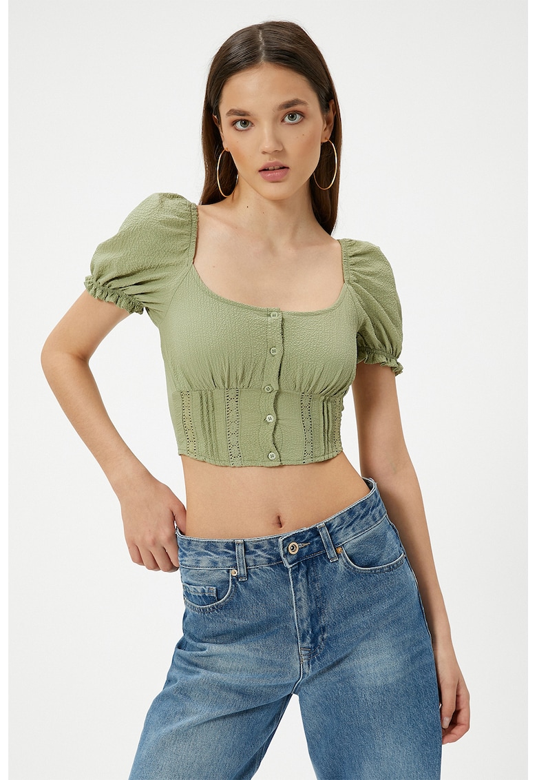 Bluza crop cu detalii cu fronseu - Kaki