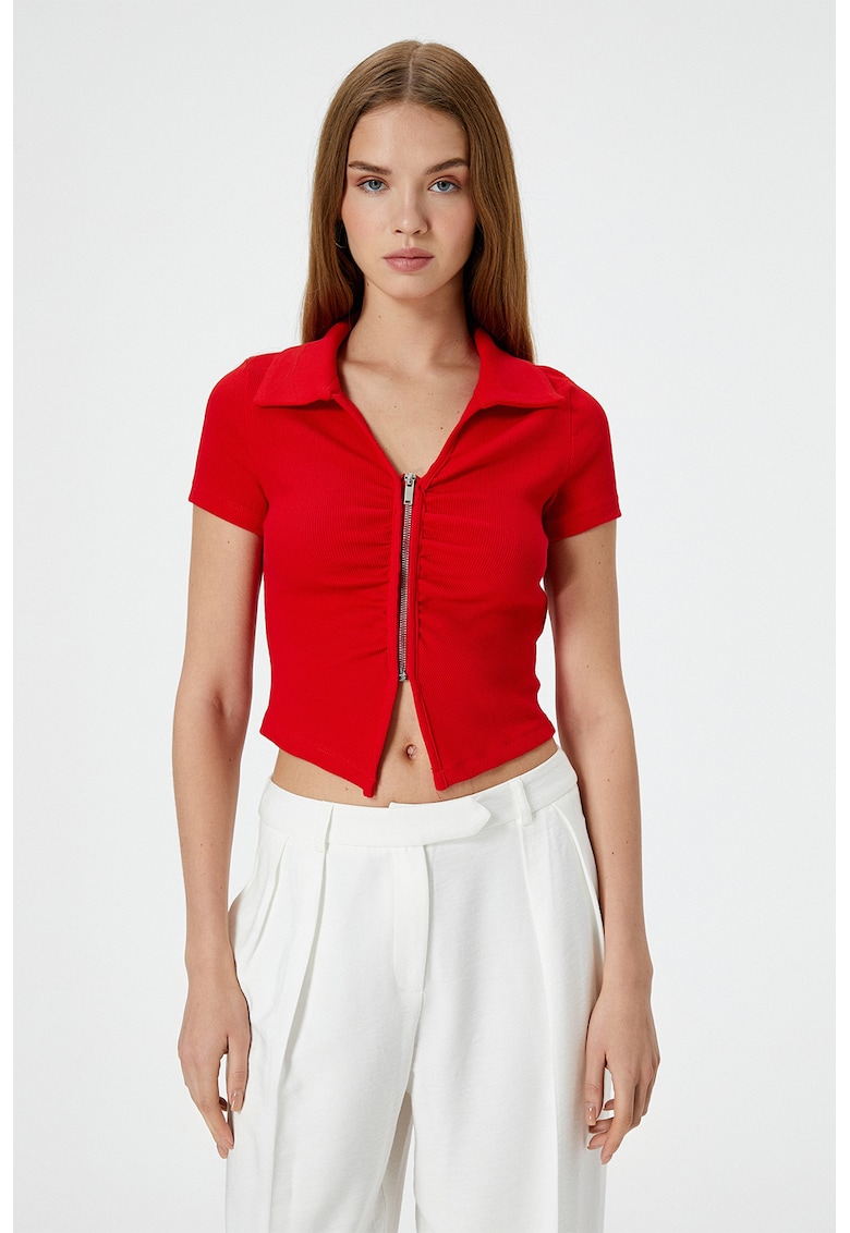 Tricou crop cu fermoar - Rosu