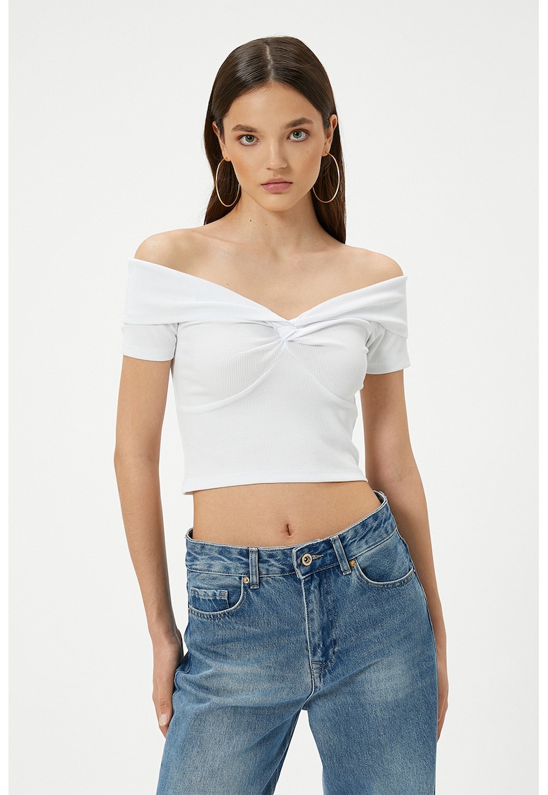 Tricou crop cu decolteu pe un umar - Alb optic
