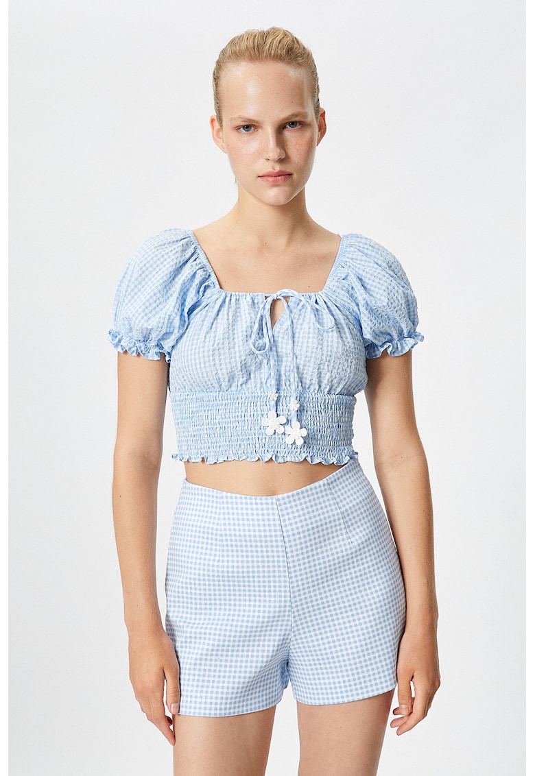 Bluza crop in carouri - Alb/Albastru pastel