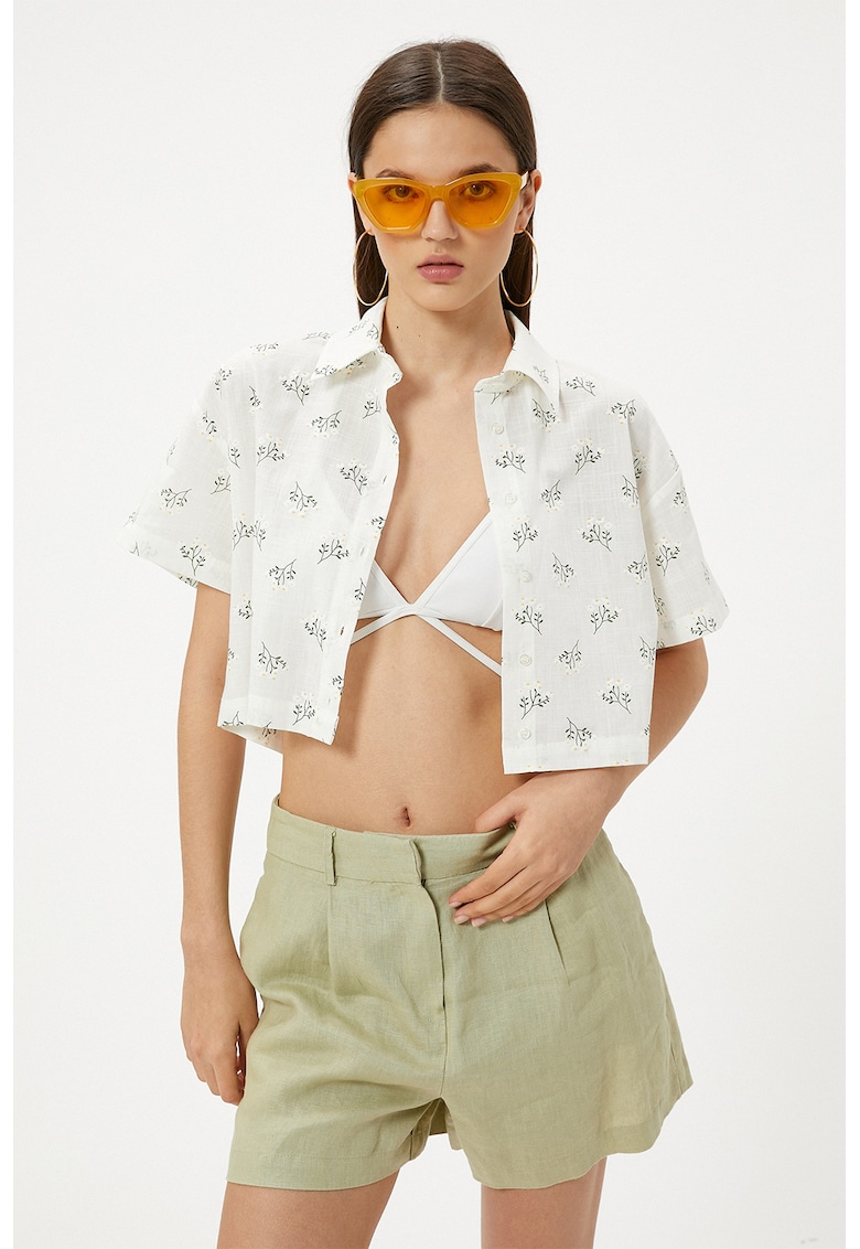 Camasa crop cu model si cu maneci scurte - Alb/Verde/Galben