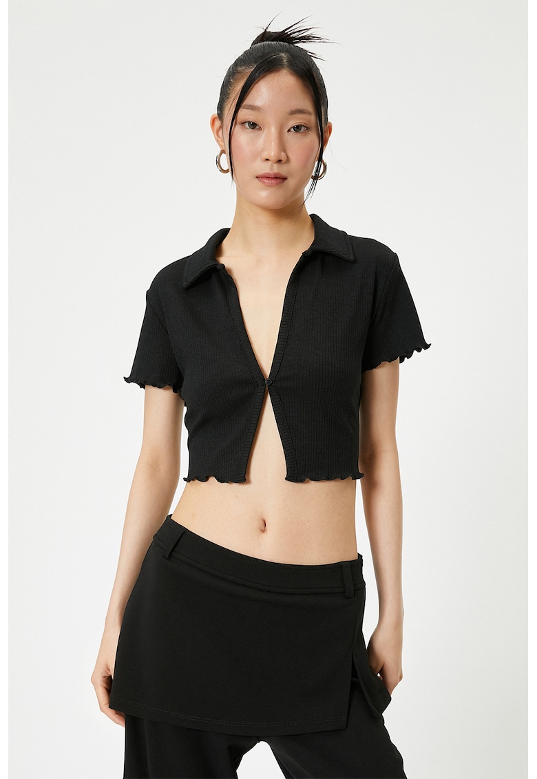 Tricou crop slim fit cu aspect striat - Negru