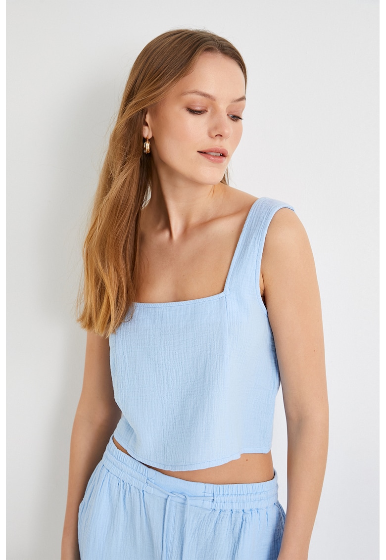 Top crop de bumbac cu decolteu patrat - Albastru deschis