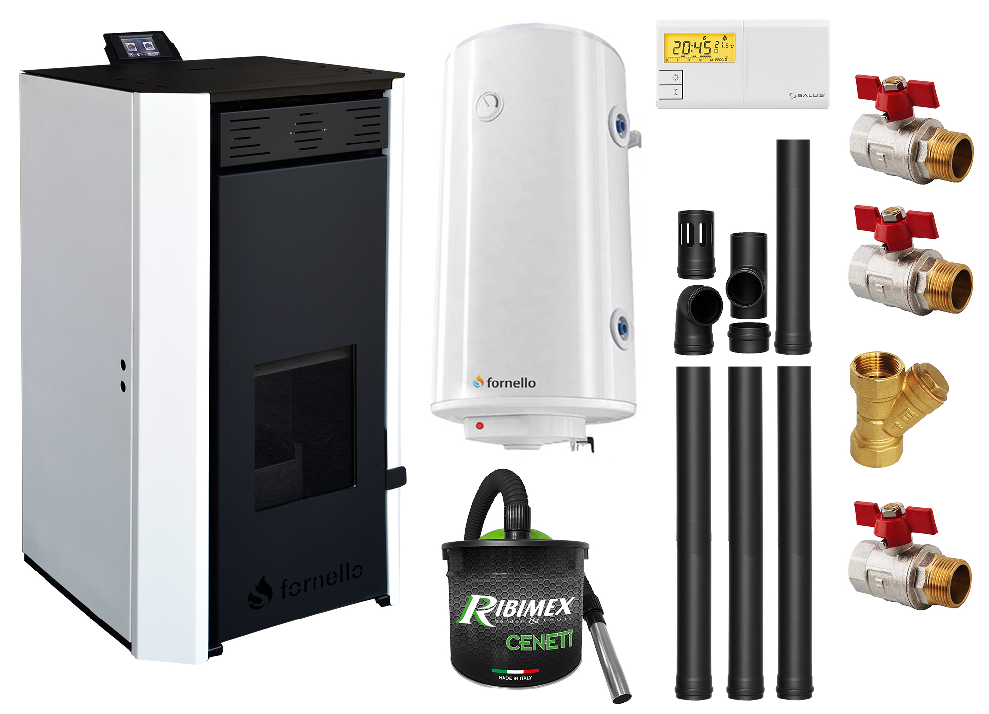 Pachet Termosemineu pe peleti Fornello EVA 18 KW pompa circulatie vas expansiune WI-FI buncar tiraj fortat kit evacuare 3.5 ml termostat aspiratior boiler 100L si Fitinguri montaj