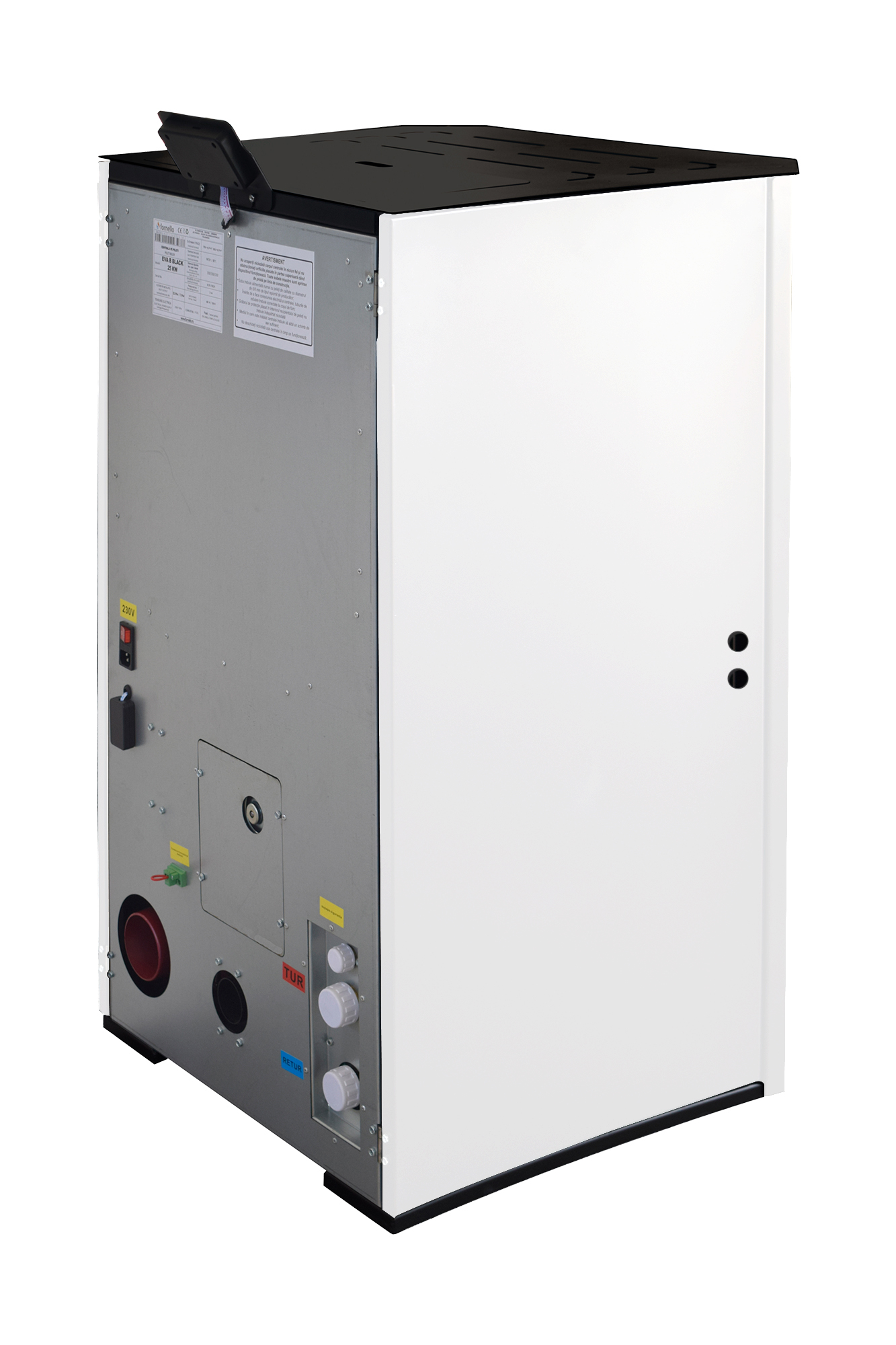 Pachet Termosemineu pe peleti Fornello EVA 30 KW pompa circulatie vas expansiune Grup siguranta WI-FI buncar tiraj fortat kit evacuare termostat Salus 091FLRFV2 aspirator Clasa A++ recomandat pentru 200 mp Alb