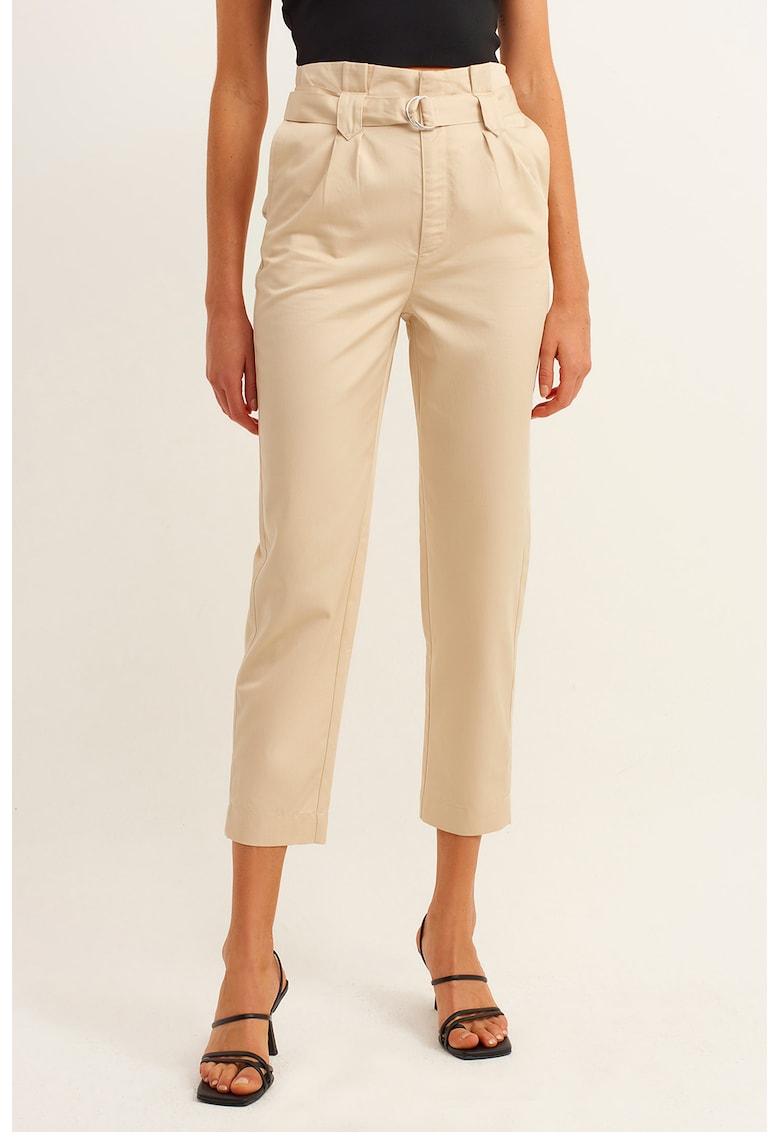 Pantaloni din amestec de lyocell cu talie inalta - Bej deschis