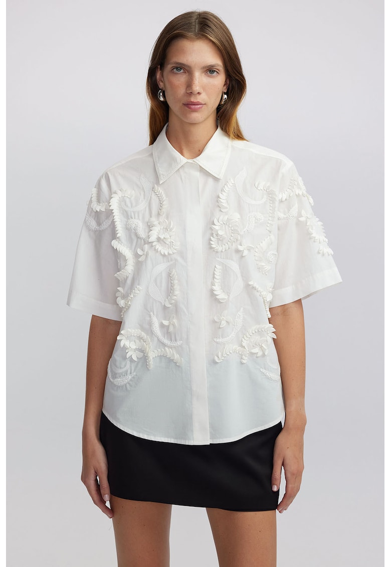 Camasa de bumbac cu broderie - Alb fildes