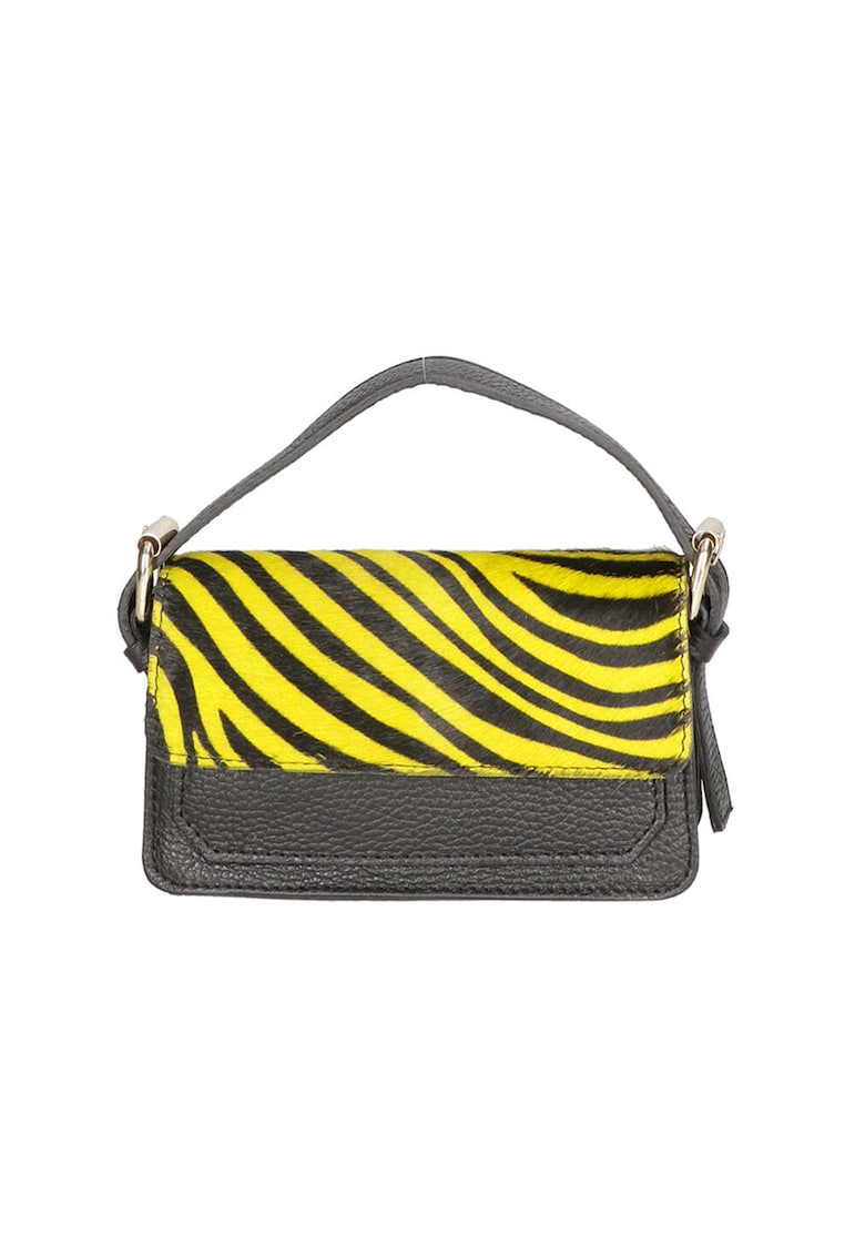 Geanta crossbody de piele si piele cu par scurt - Negru - Galben