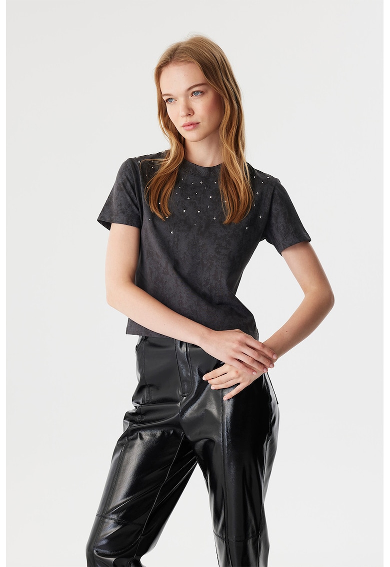 Tricou cu aspect decolorat si strasuri - Negru/Gri