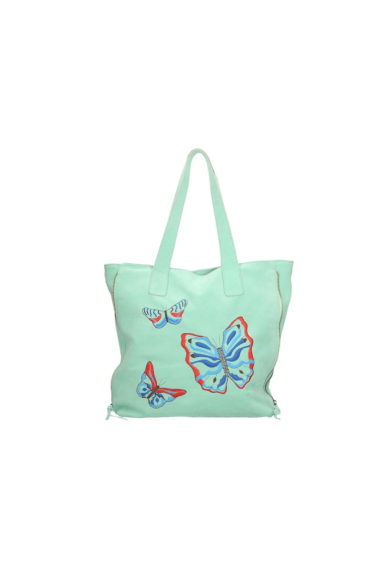 Geanta shopper de piele cu fluturi - Verde aquamarin