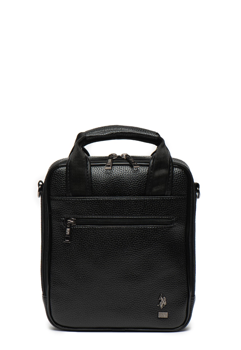 Geanta crossbody de piele ecologica - cu aplicatie logo - Negru/Argintiu inchis
