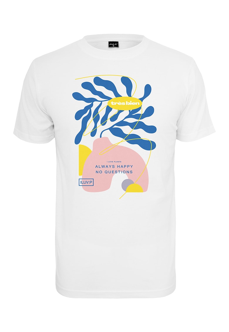 Tricou cu decolteu la baza gatului si imprimeu grafic - Alb/Albastru