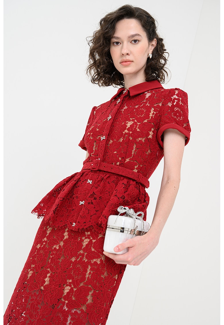 Rochie midi din dantela cu detaliu volane - Visiniu