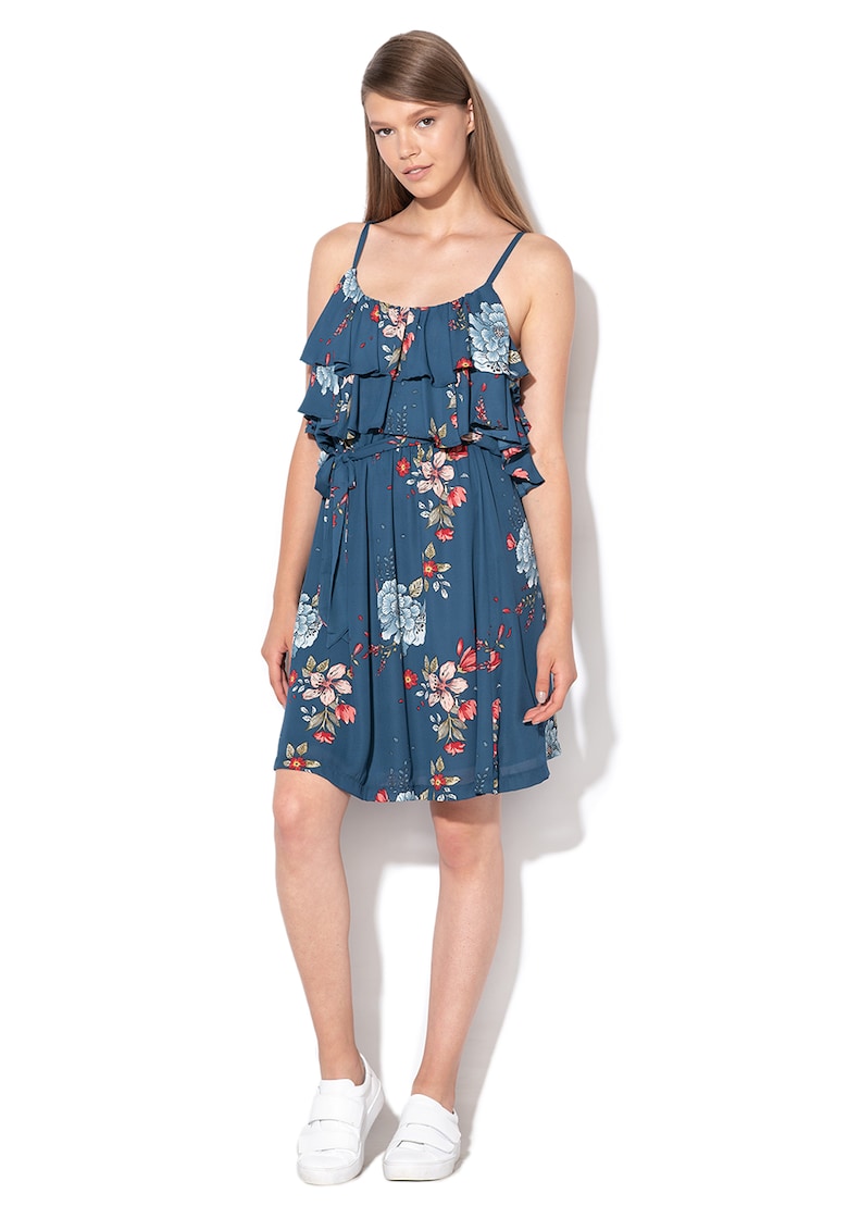 Rochie evazata cu model floral Flora - Bleumarin