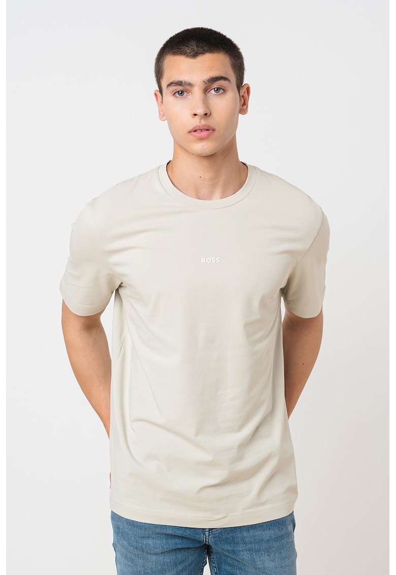 Tricou cu decolteu la baza gatului si logo discret - Maro nisip
