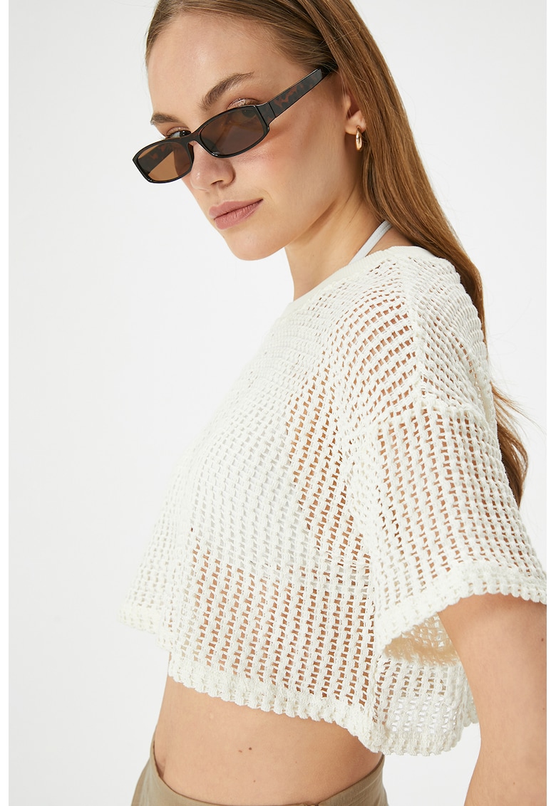 Bluza crop semitransparenta cu maneci cazute - Alb/Transparent