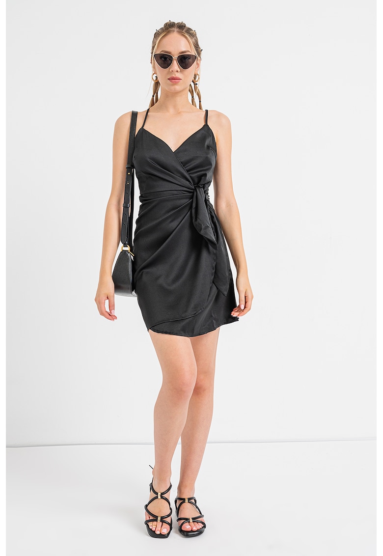 Rochie satinata cu decolteu in V - Negru