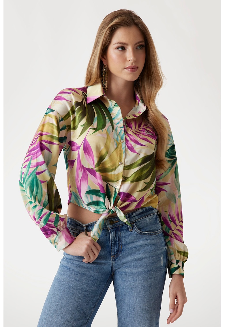Camasa crop din satin cu snururi de ajustare - Verde/Fucsia/Galben pai
