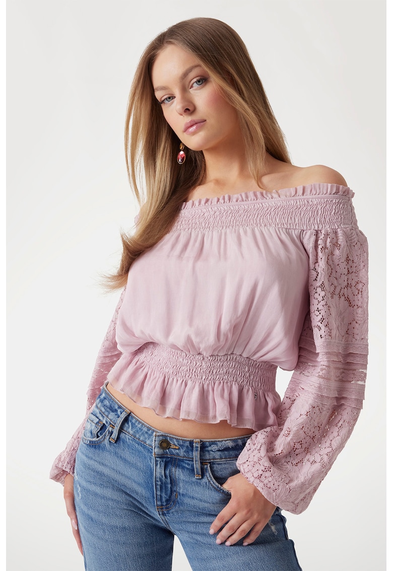 Bluza din amestec de matase cu decolteu pe umeri - Violet prafuit
