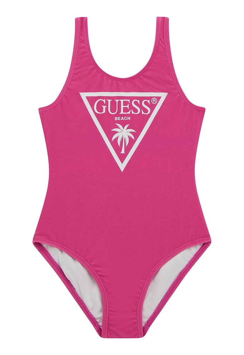 Costum de baie intreg cu logo - Fucsia/Alb murdar