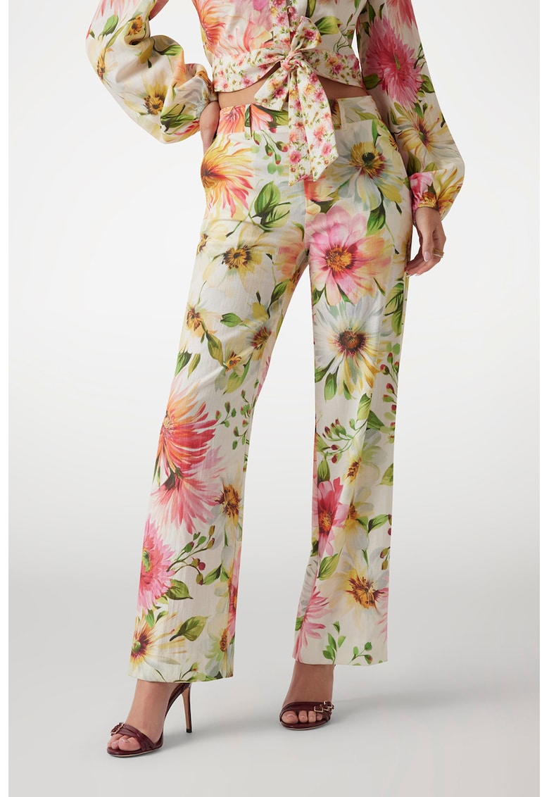 Pantaloni cu model floral si buzunare laterale - Verde/Galben pal/Roz