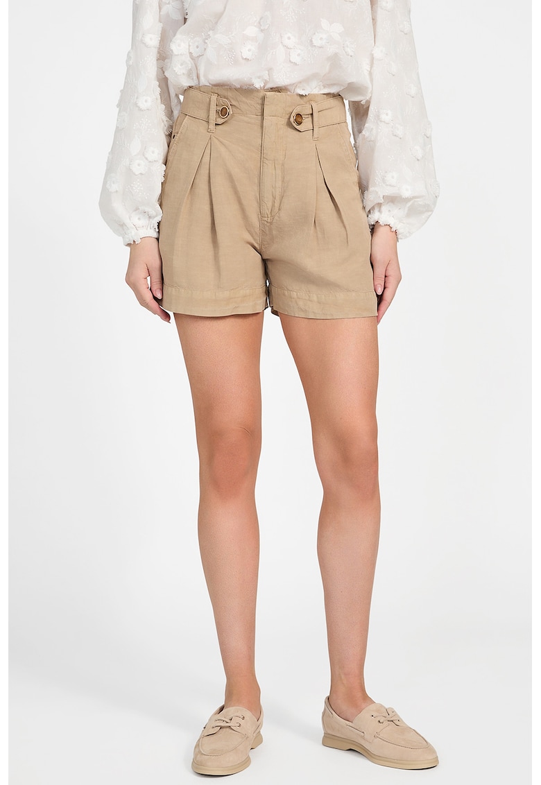 Pantaloni scurti din amestec de lyocell si in - cu talie inalta - Maro nisip