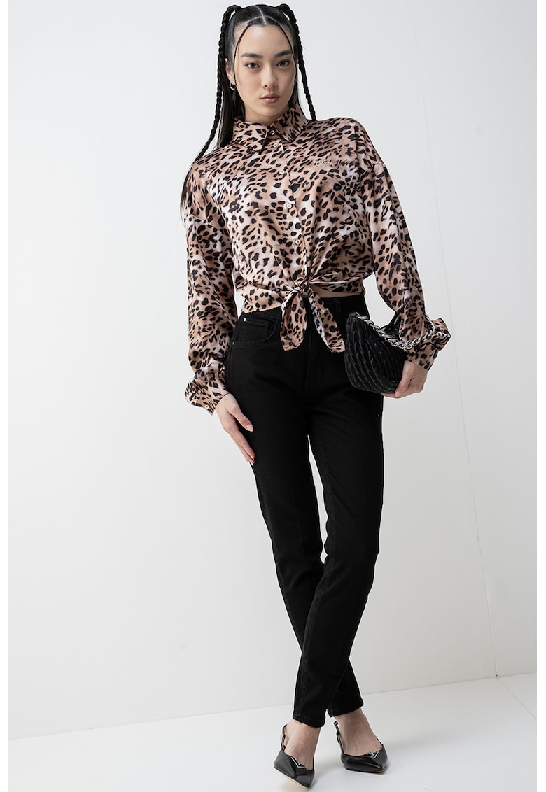 Camasa crop din satin cu snururi de ajustare - Negru/Maro