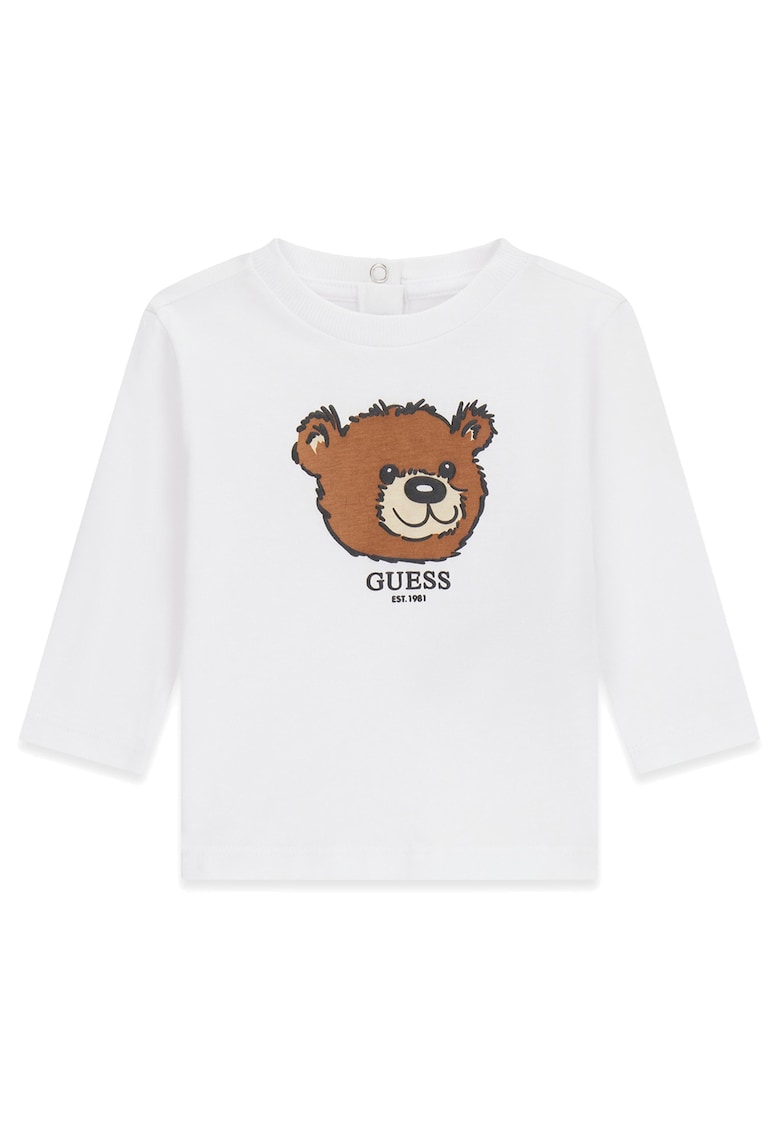Bluza cu decolteu la baza gatului si imprimeu urs - Negru/Maro/Alb optic