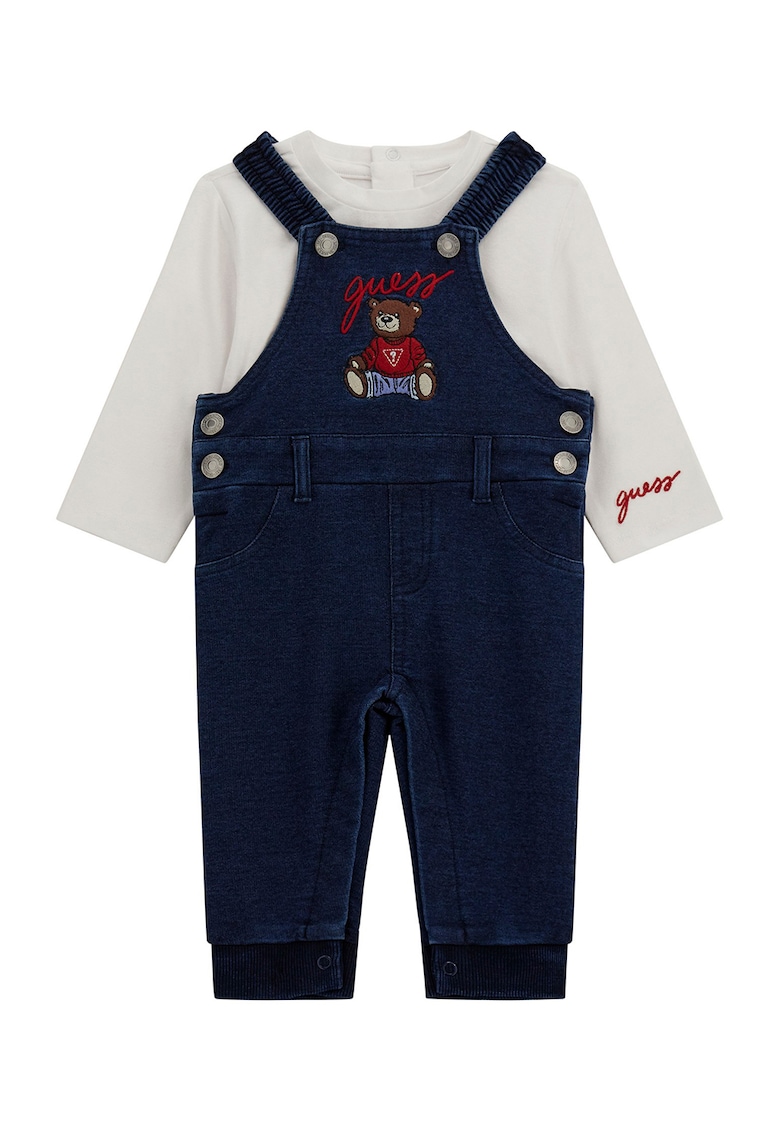 Set de bluza si salopeta cu logo brodat - 2 Piese - Rosu/Alb murdar/Bleumarin