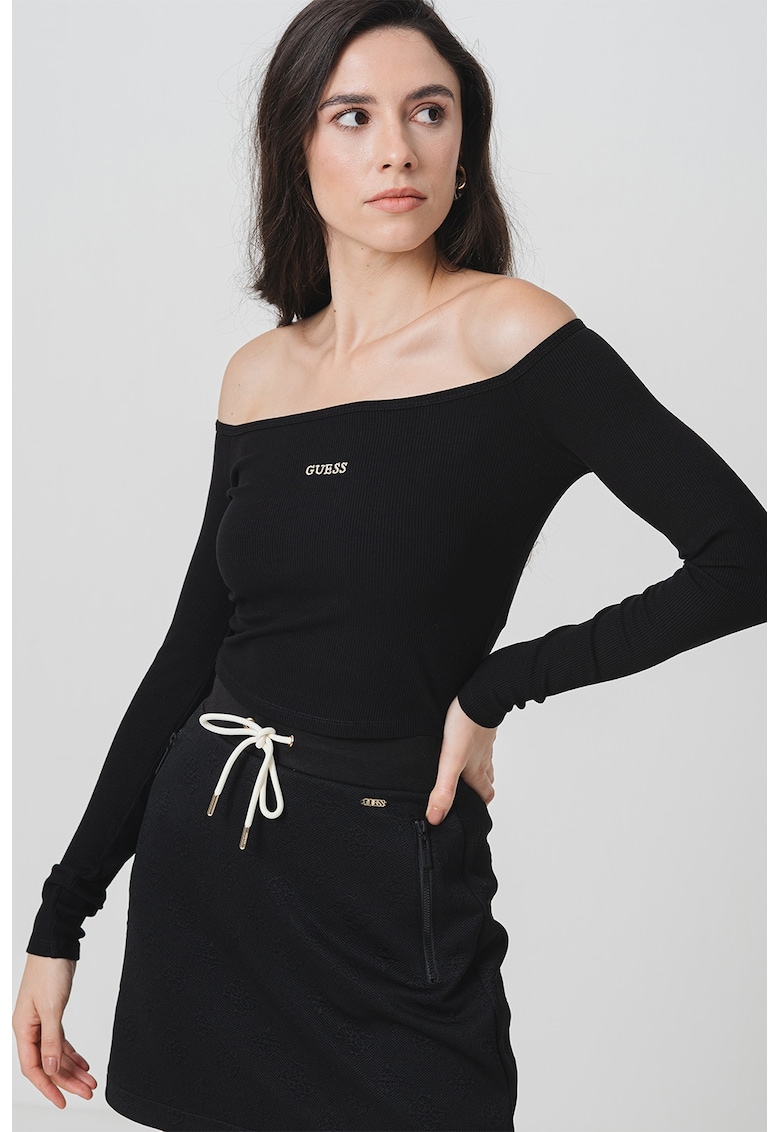 Bluza crop cu decolteu pe umeri - Negru/Alb murdar