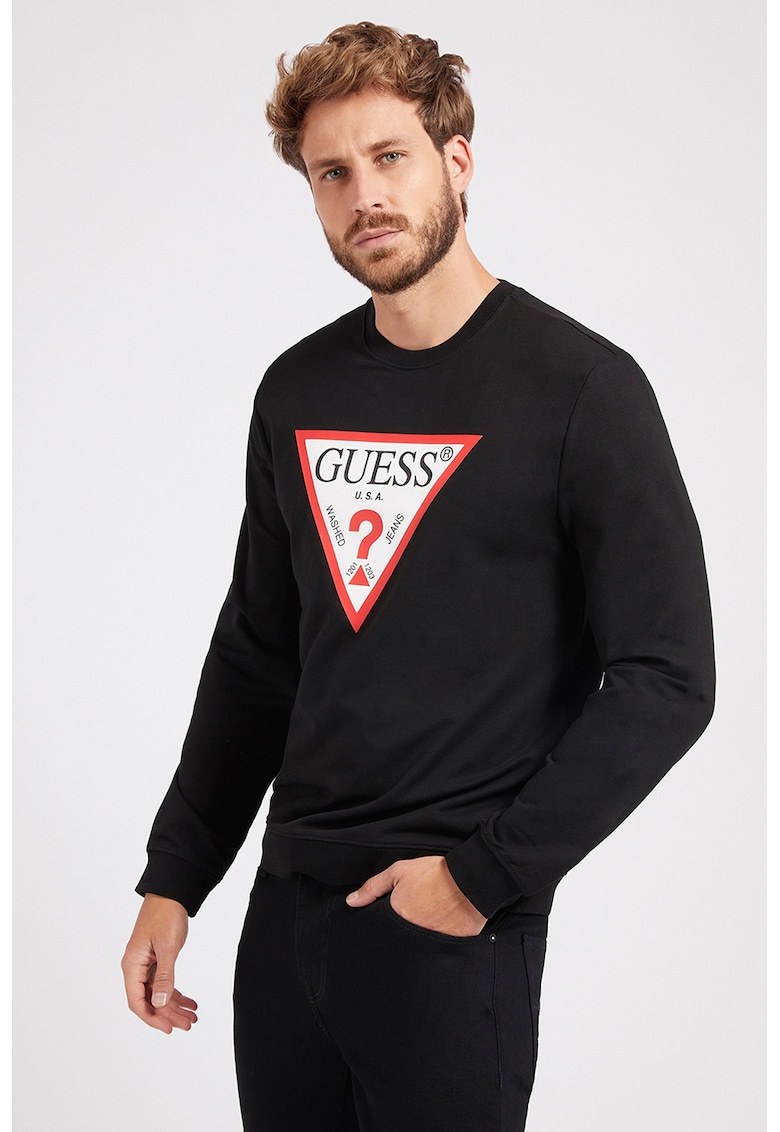 Bluza sport cu imprimeu logo si decolteu la baza gatului - Alb/Negru