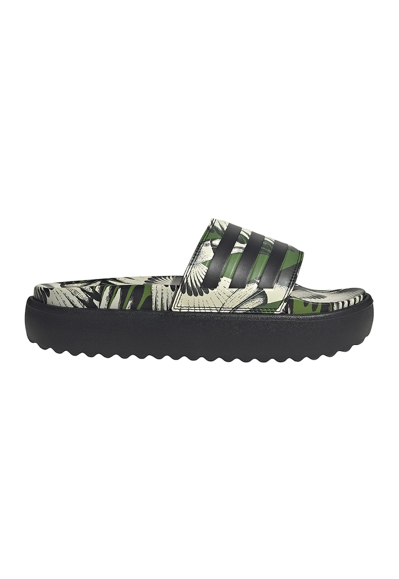 Papuci cu talpa flatform si model Adilette - Negru/Verde feriga/Crem
