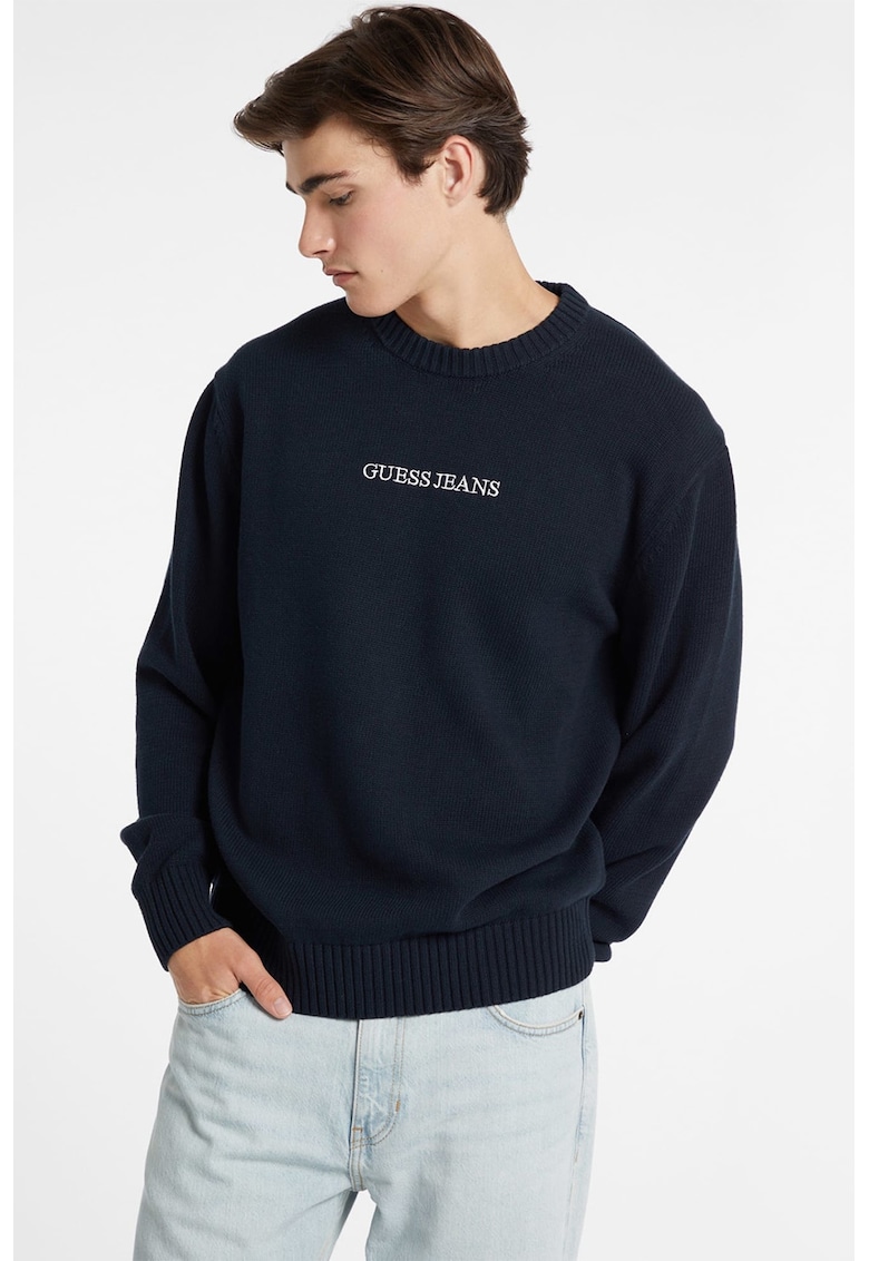Pulover de bumbac cu broderie logo - Bleumarin