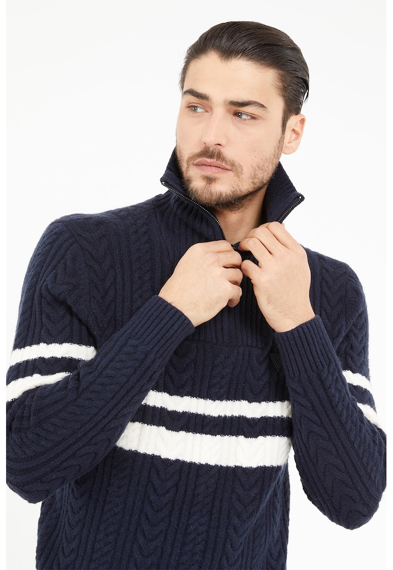 Pulover din amestec de lana cu model torsade si fenta cu fermoar - Alb/Albastru ultramarin