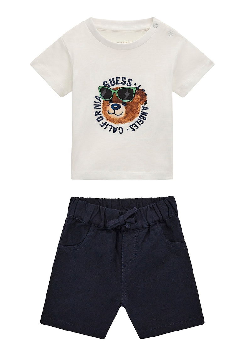 Set de pantaloni scurti si tricou din bumbac cu logo - 2 piese - Crem/Bleumarin