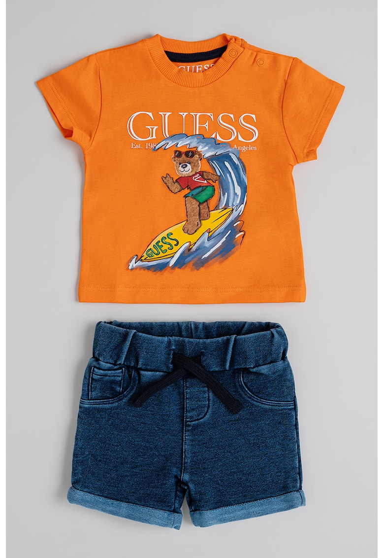 Set de tricou cu imprimeu grafic si blugi scurti cu model uni - 2 piese - Portocaliu/Albastru inchis
