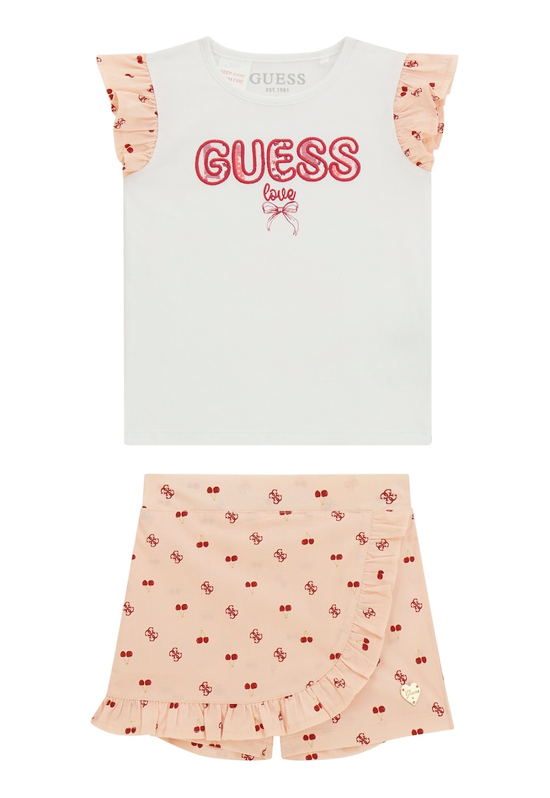 Set de tricou cu logo si fusta-pantaloni cu volane - Alb/Piersica