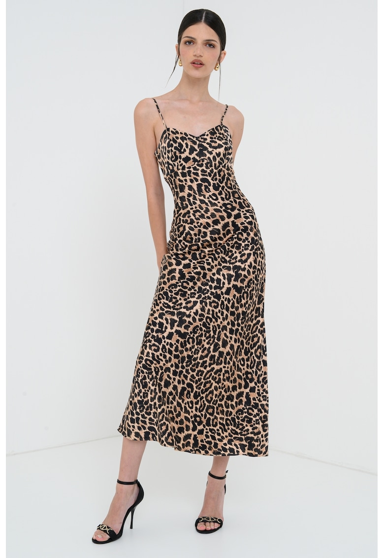 Rochie midi de satin - Negru/Maro deschis
