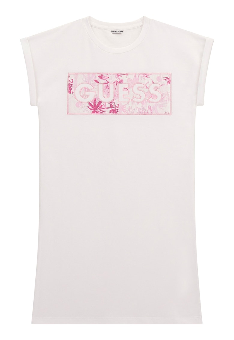 Rochie-tricou cu maneci rulate - Alb/Roz zmeuriu