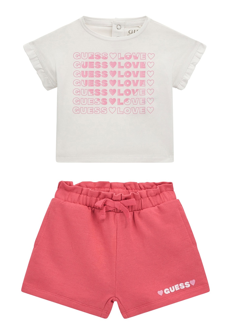 Set de pantaloni scurti si tricou din amestec de bumbac cu imprimeu logo - 2 Piese - Alb murdar/Roz