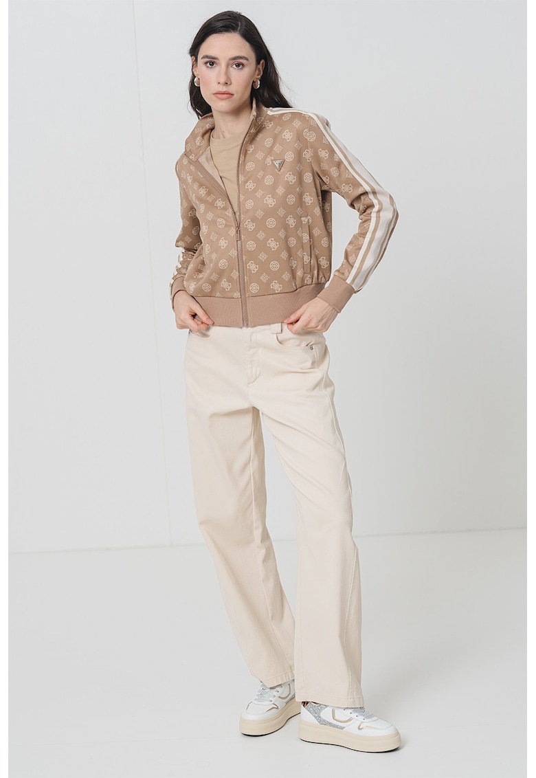 Bluza de trening cu monograma si fermoar - Maro taupe deschis/Crem