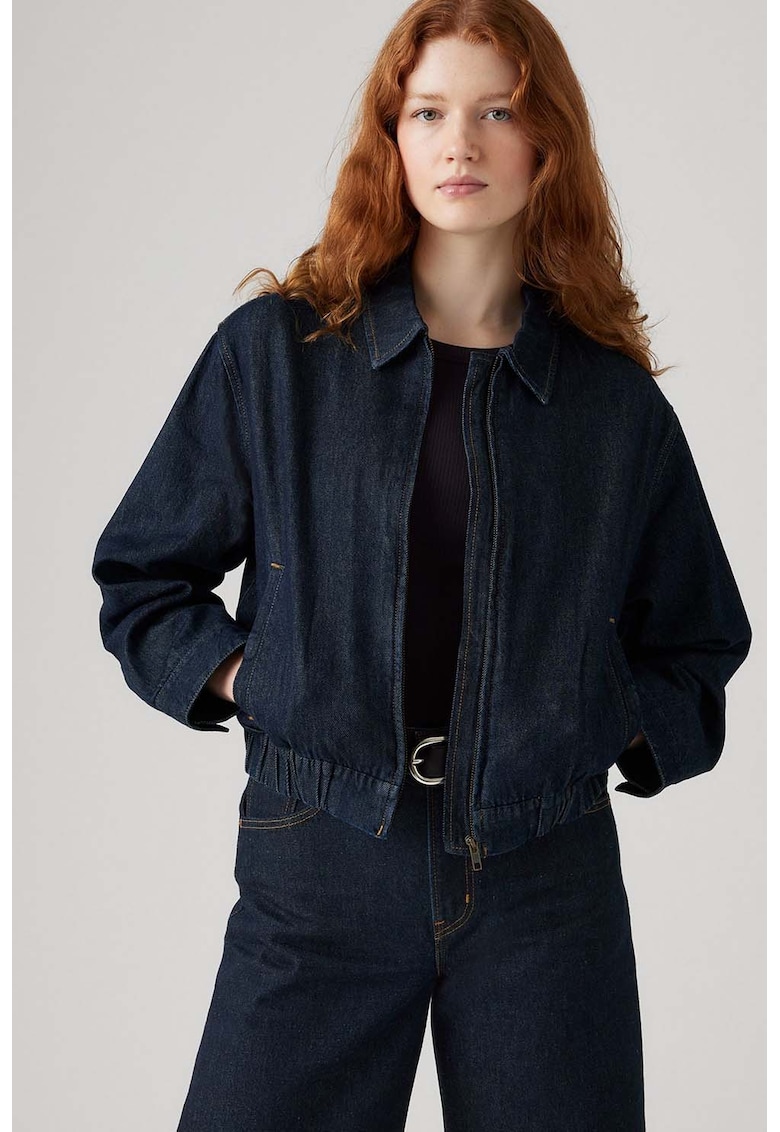 Jacheta din denim cu fermoar si buzunare laterale - Albastru ultramarin