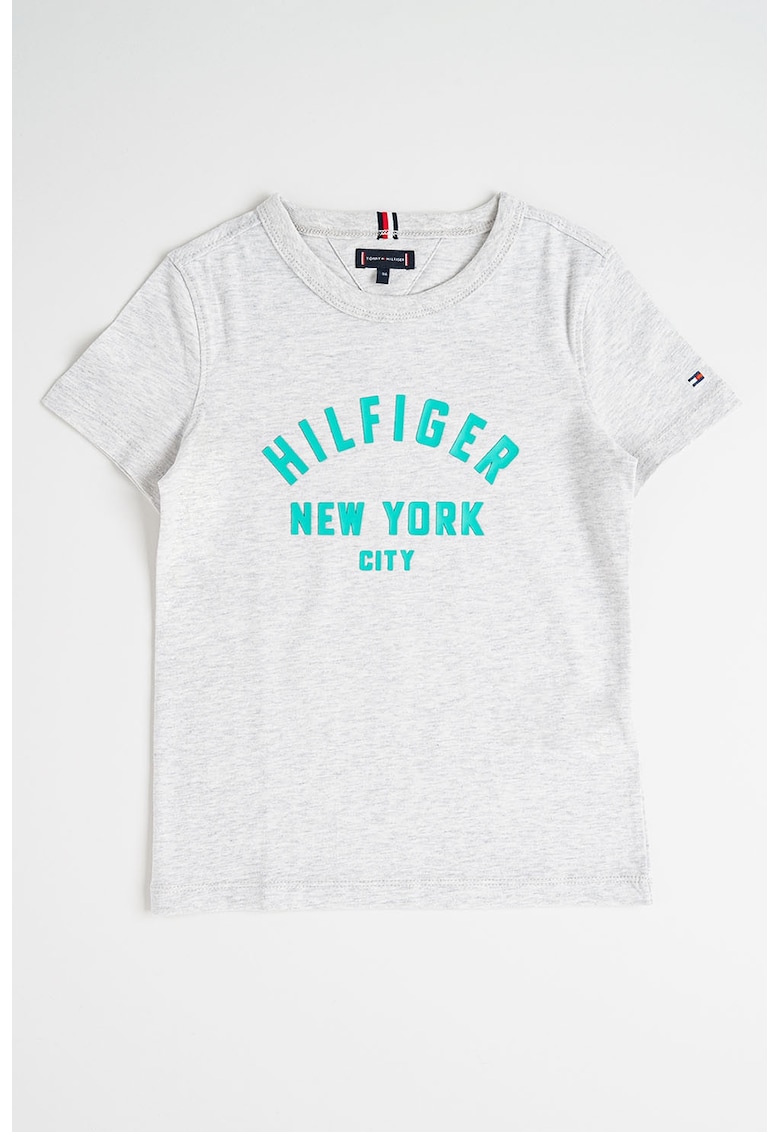 Tricou cu decolteu la baza gatului si imprimeu logo - Verde/Gri melange