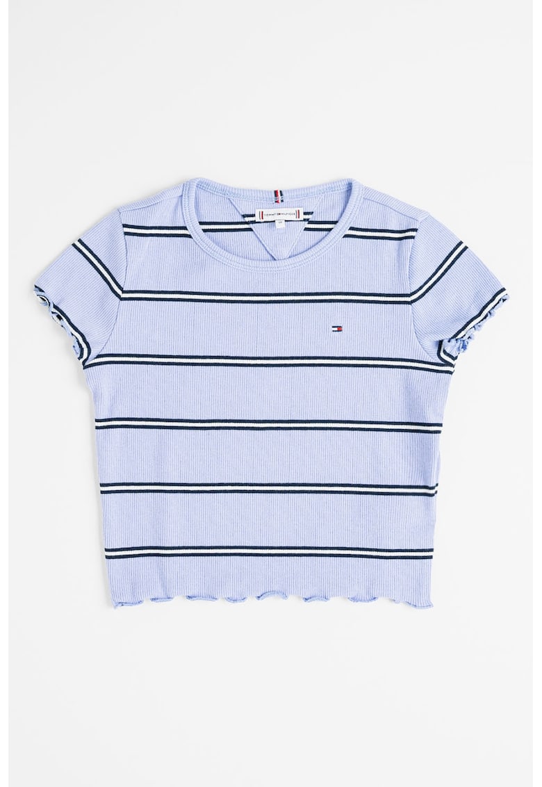 Tricou crop slim fit cu terminatii valurite - Alb/Albastru ultramarin/Lila