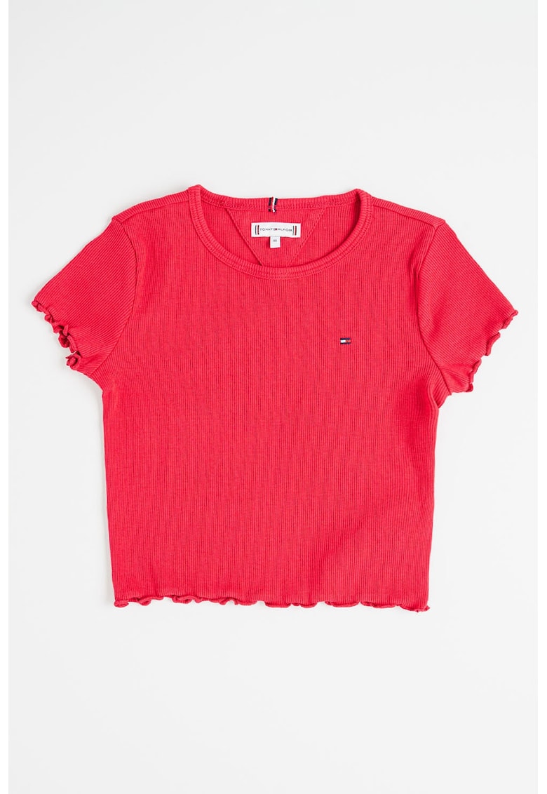 Tricou crop slim fit cu terminatii valurite - Roz zmeuriu