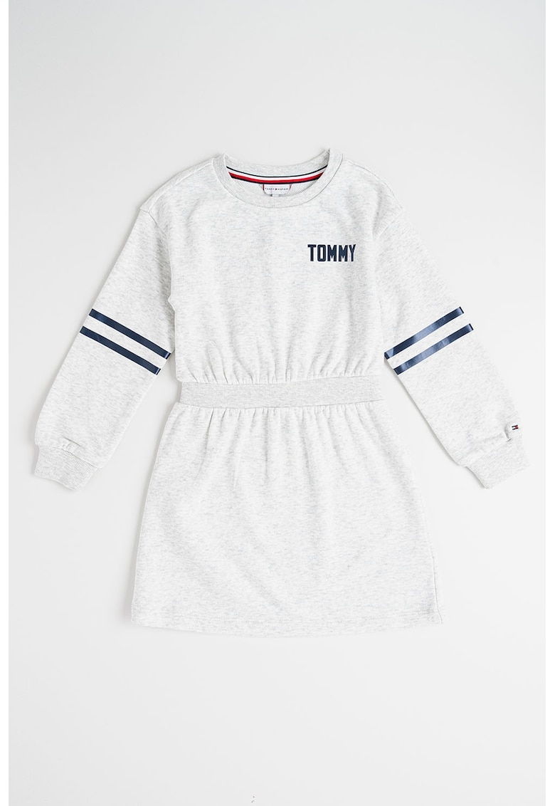 Rochie cu maneci lungi - talie elastica si imprimeu logo - Gri melange/Bleumarin
