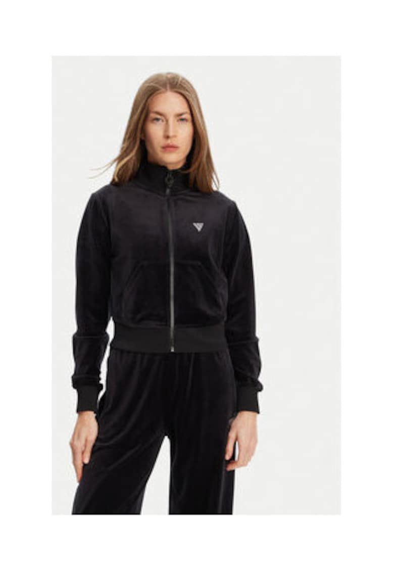 Bluza de trening cu fermoar - aspect de catifea si guler inalt - Negru