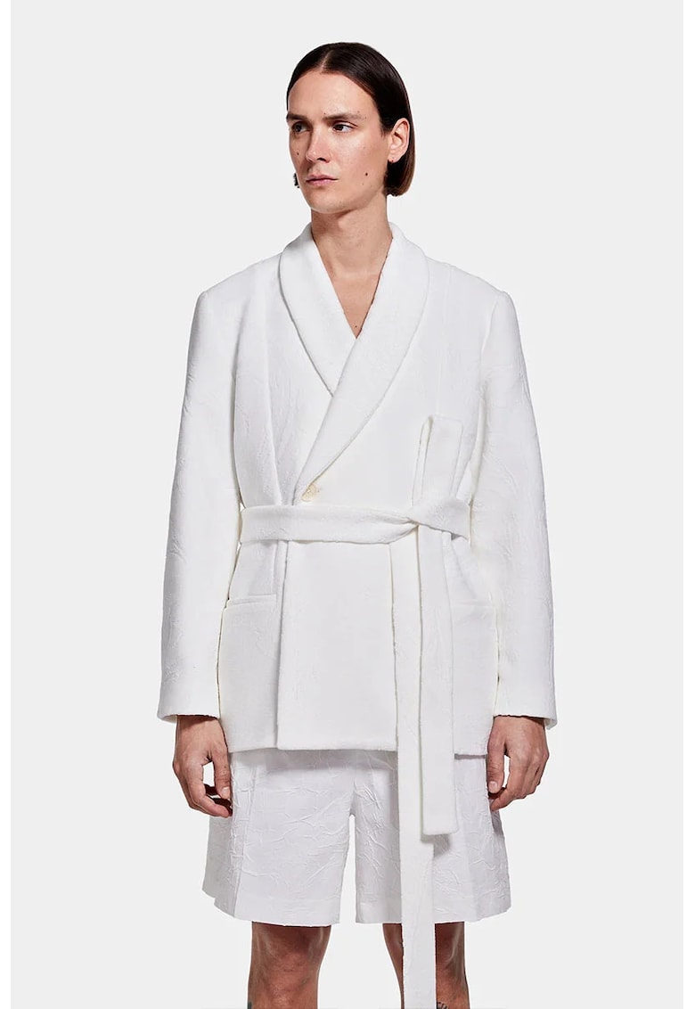 Sacou tip kimono - cu cordon în talie - Alb