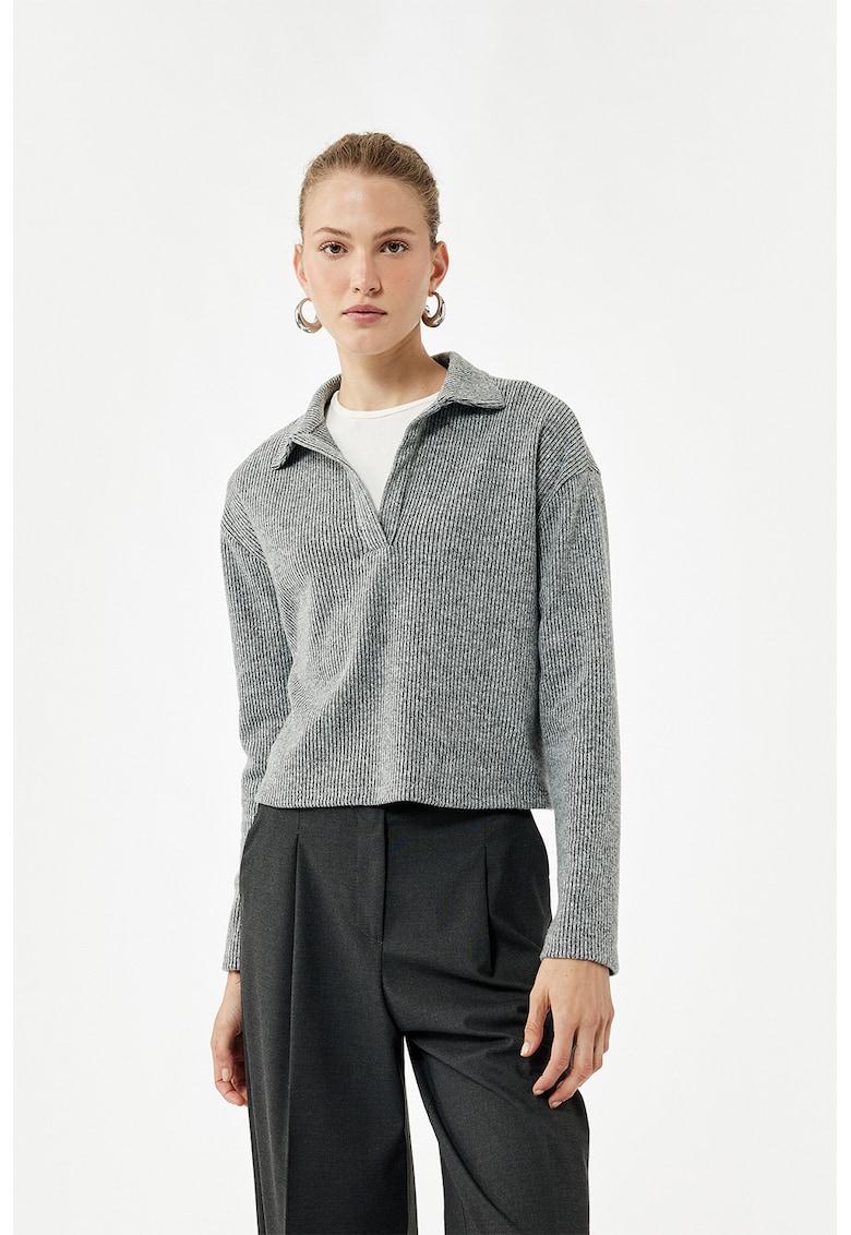 Pulover polo striat - Gri melange